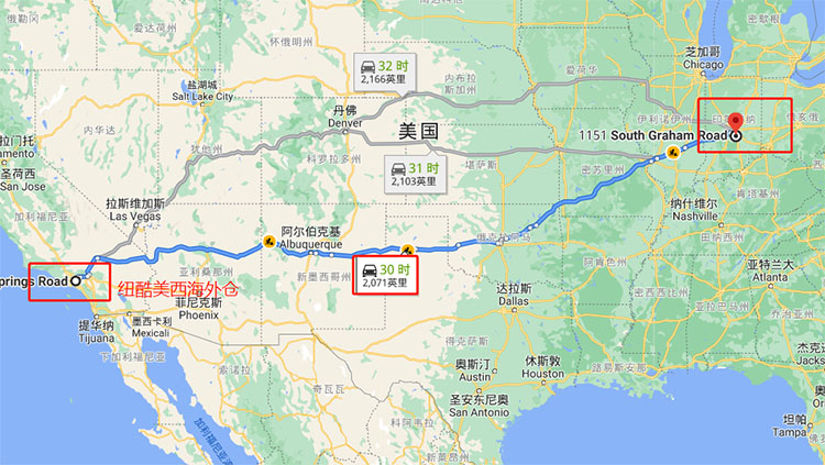 美西到IND9有2071英里，30個(gè)小時(shí)的車程